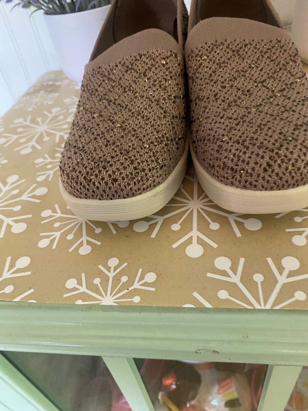Skechers Slip-On Wedge Sneakers in Taupe Glitter Knit - Picture 4 of 6